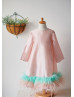 Long Sleeves Pink Taffeta Flower Girl Dress With Feather
